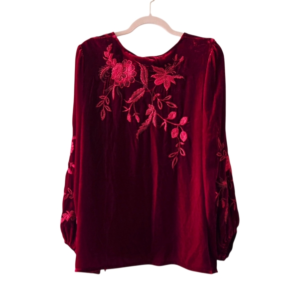 Johnny Was Embroidered Red Velvet Tassel Tie Front Peasant Style Tunic Large - Picture 4 of 8